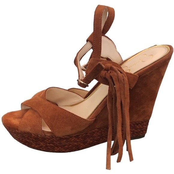 Jessica Simpson Suede Platform Wedge Sandals Tassel Ankle Strap Heels size 10 - Picture 5 of 12